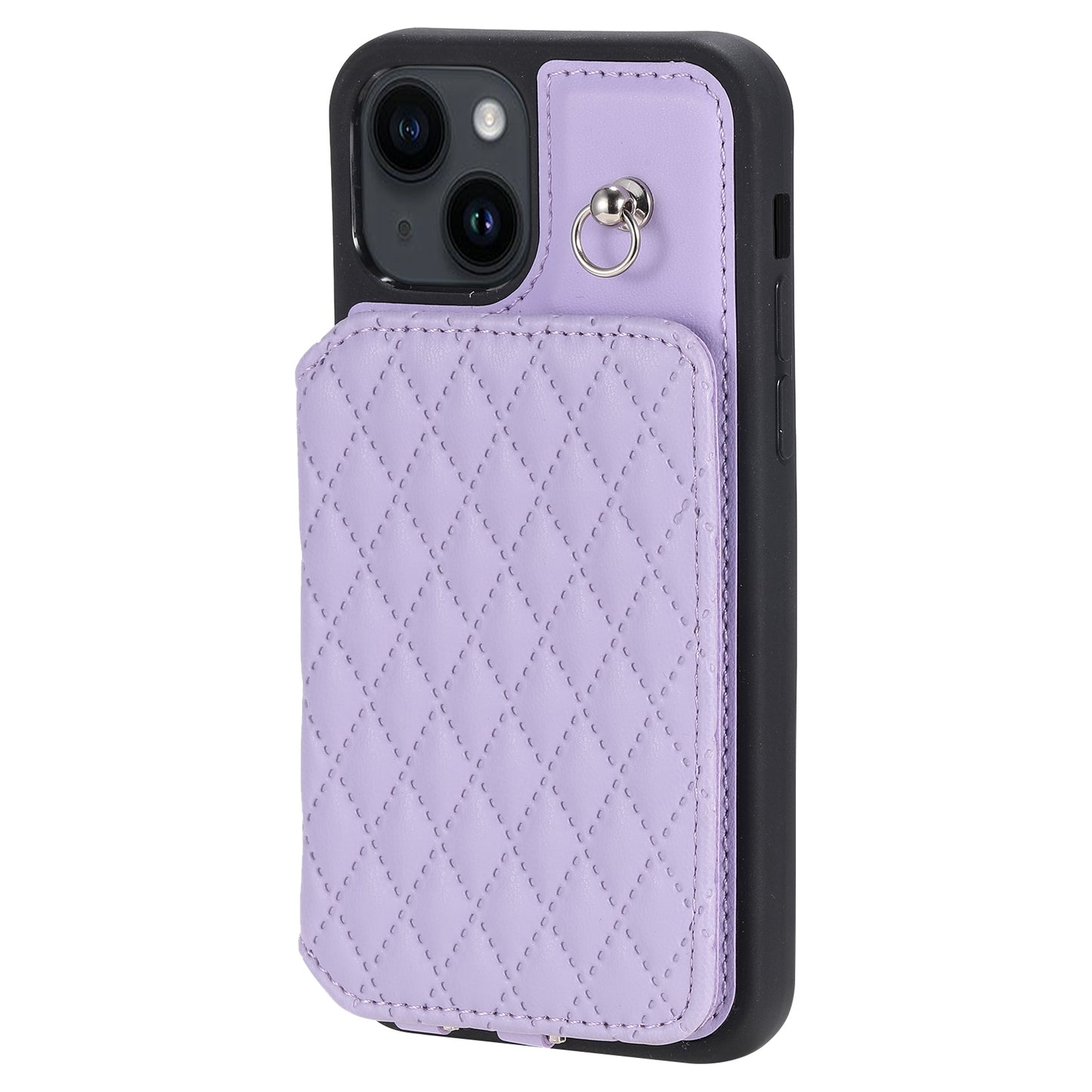 ELECTROPRIME For iPhone 15 Grid Texture Card Bag Phone Case with Lanyard(Purple)