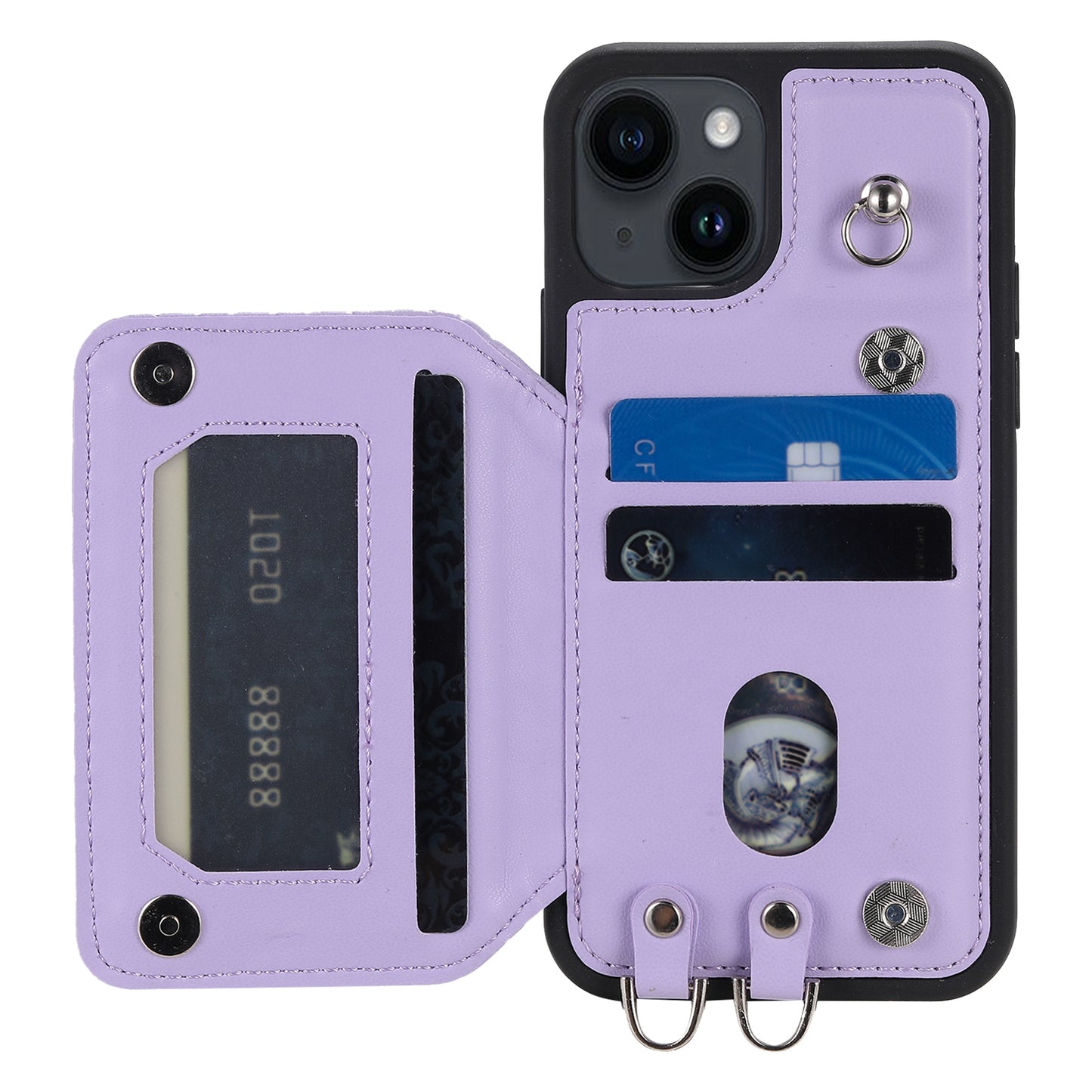 ELECTROPRIME For iPhone 15 Grid Texture Card Bag Phone Case with Lanyard(Purple)