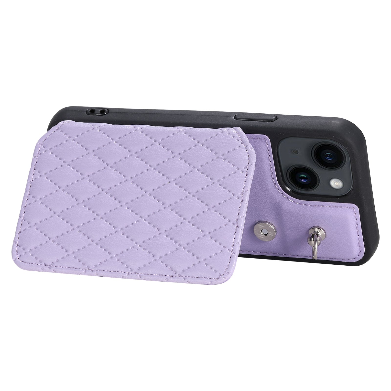 ELECTROPRIME For iPhone 15 Grid Texture Card Bag Phone Case with Lanyard(Purple)