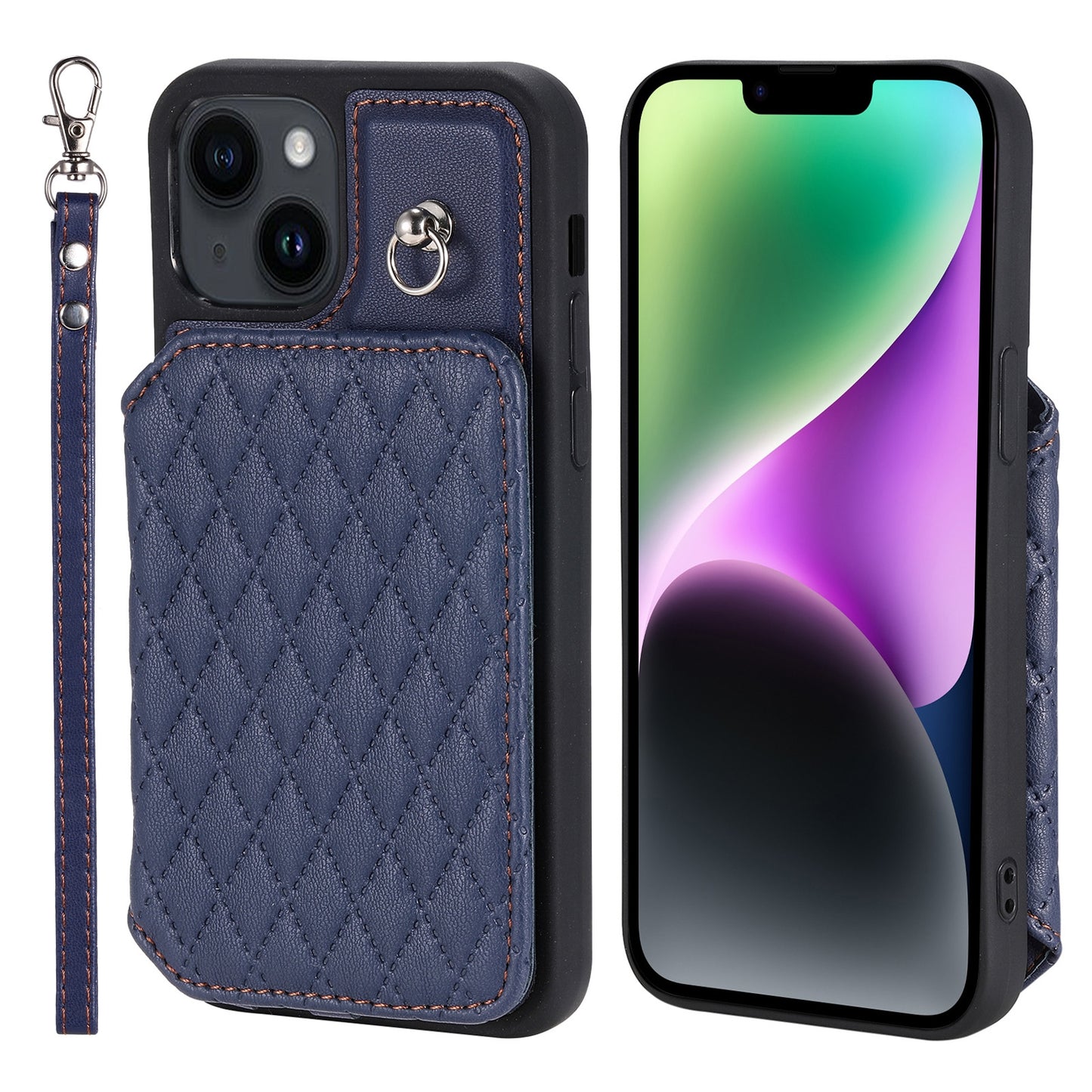 ELECTROPRIME For iPhone 15 Grid Texture Card Bag Phone Case with Lanyard(Blue)