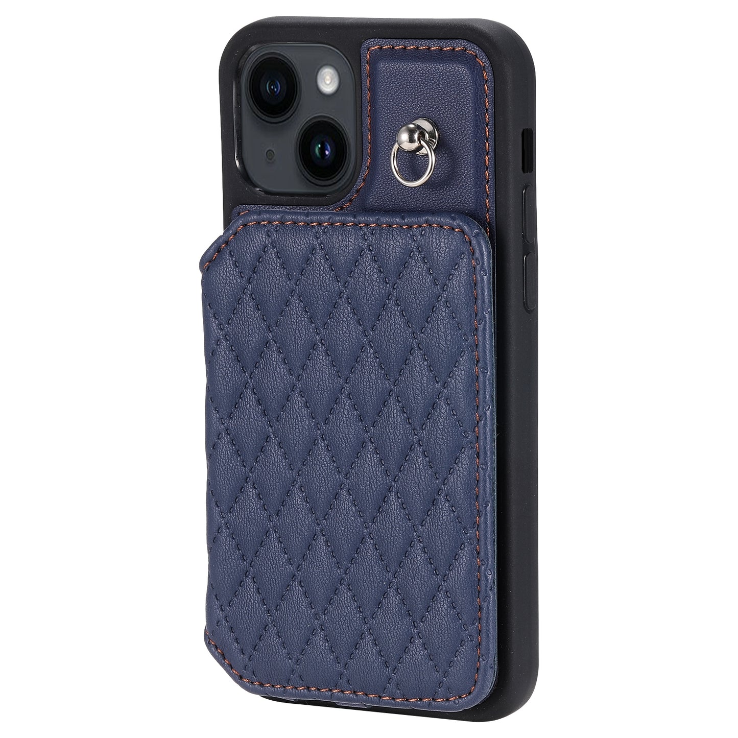 ELECTROPRIME For iPhone 15 Grid Texture Card Bag Phone Case with Lanyard(Blue)