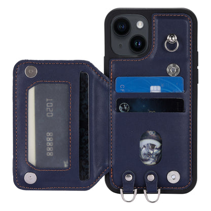 ELECTROPRIME For iPhone 15 Grid Texture Card Bag Phone Case with Lanyard(Blue)