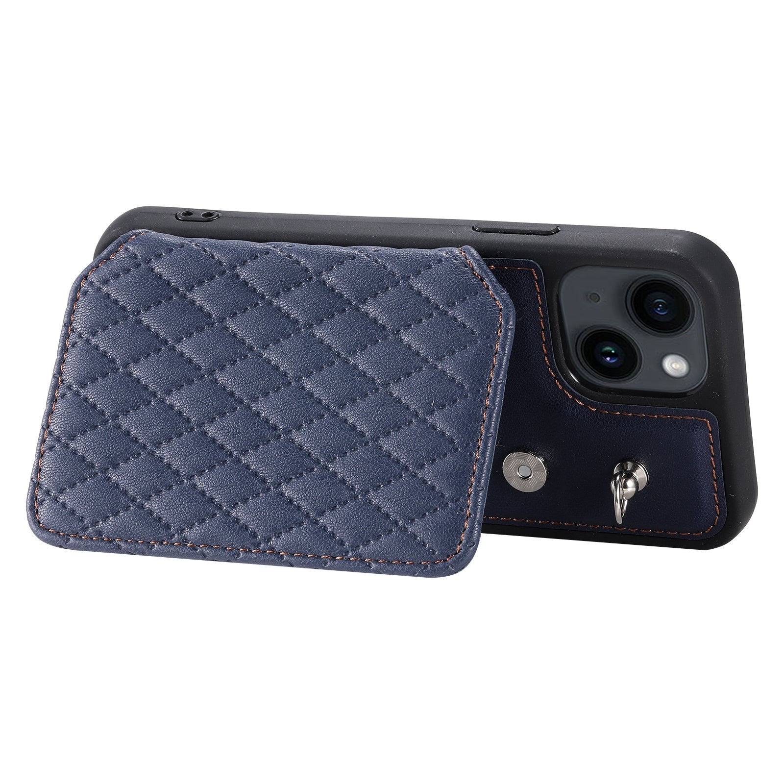 ELECTROPRIME For iPhone 15 Grid Texture Card Bag Phone Case with Lanyard(Blue)