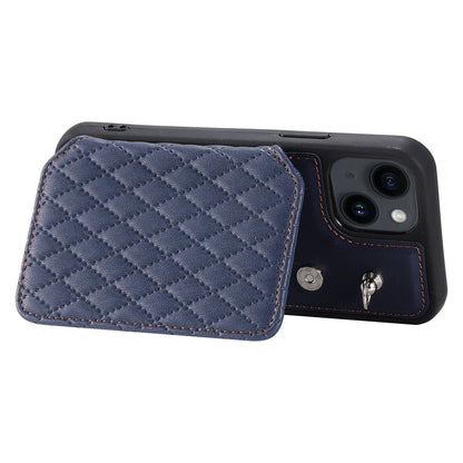 ELECTROPRIME For iPhone 15 Grid Texture Card Bag Phone Case with Lanyard(Blue)