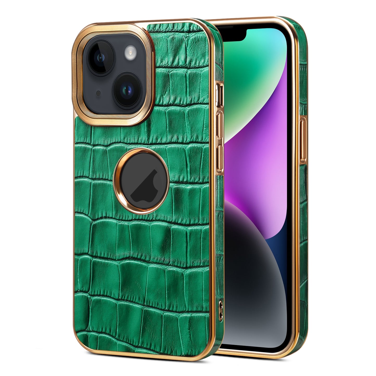 ELECTROPRIME For iPhone 15 Denior Crocodile Texture Genuine Leather Electroplating Phone Case(Green)