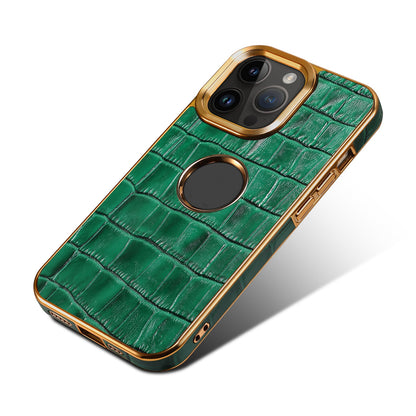 ELECTROPRIME For iPhone 15 Denior Crocodile Texture Genuine Leather Electroplating Phone Case(Green)