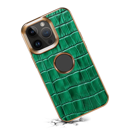 ELECTROPRIME For iPhone 15 Denior Crocodile Texture Genuine Leather Electroplating Phone Case(Green)