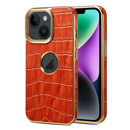 ELECTROPRIME For iPhone 15 Denior Crocodile Texture Genuine Leather Electroplating Phone Case(Mocha Brown)
