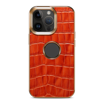 ELECTROPRIME For iPhone 15 Denior Crocodile Texture Genuine Leather Electroplating Phone Case(Mocha Brown)