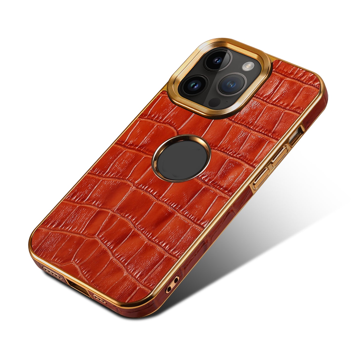 ELECTROPRIME For iPhone 15 Denior Crocodile Texture Genuine Leather Electroplating Phone Case(Mocha Brown)