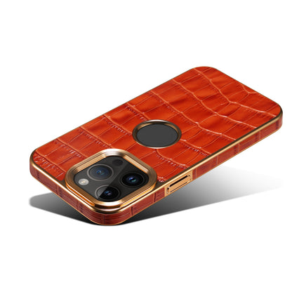 ELECTROPRIME For iPhone 15 Denior Crocodile Texture Genuine Leather Electroplating Phone Case(Mocha Brown)