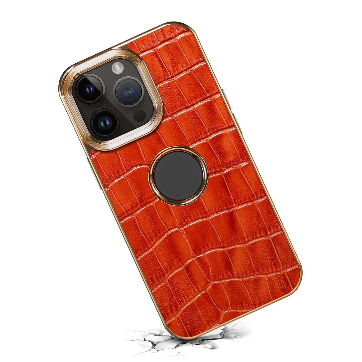 ELECTROPRIME For iPhone 15 Denior Crocodile Texture Genuine Leather Electroplating Phone Case(Mocha Brown)