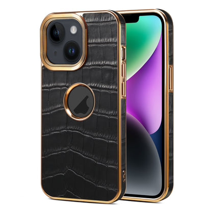 ELECTROPRIME For iPhone 15 Denior Crocodile Texture Genuine Leather Electroplating Phone Case(Black)