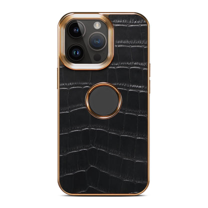 ELECTROPRIME For iPhone 15 Denior Crocodile Texture Genuine Leather Electroplating Phone Case(Black)