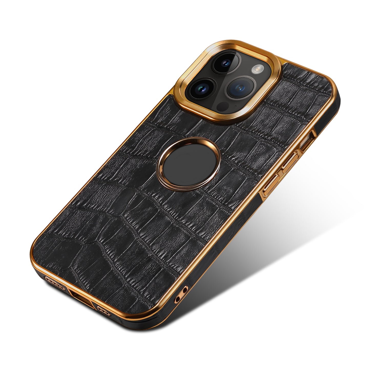 ELECTROPRIME For iPhone 15 Denior Crocodile Texture Genuine Leather Electroplating Phone Case(Black)