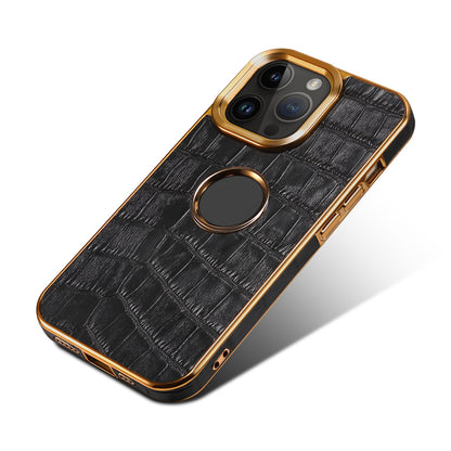 ELECTROPRIME For iPhone 15 Denior Crocodile Texture Genuine Leather Electroplating Phone Case(Black)