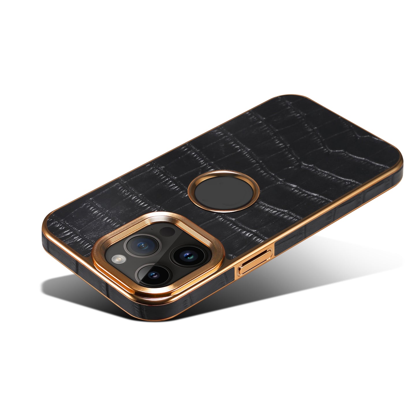 ELECTROPRIME For iPhone 15 Denior Crocodile Texture Genuine Leather Electroplating Phone Case(Black)