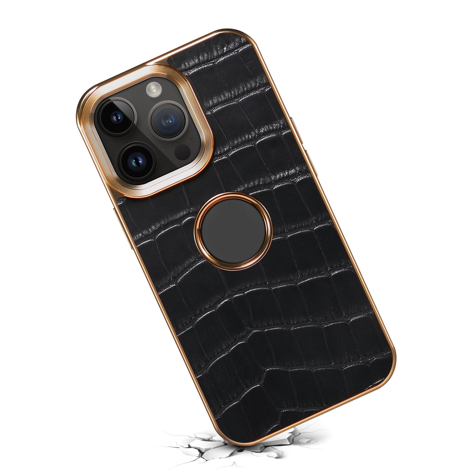 ELECTROPRIME For iPhone 15 Denior Crocodile Texture Genuine Leather Electroplating Phone Case(Black)