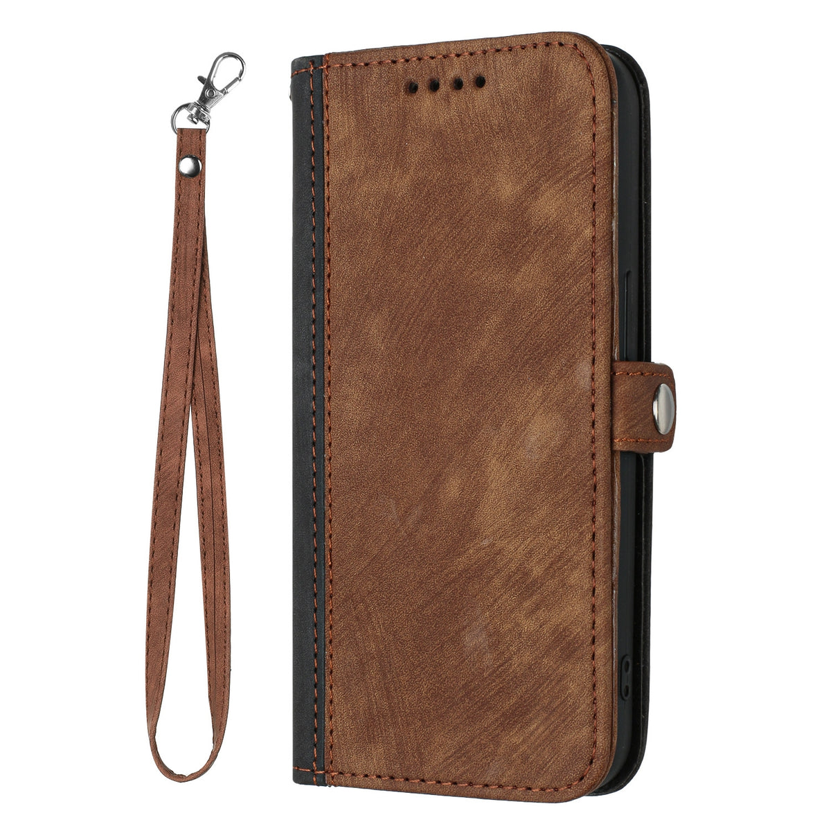 ELECTROPRIME For iPhone 15 Plus Side Buckle Double Fold Hand Strap Leather Phone Case(Brown)