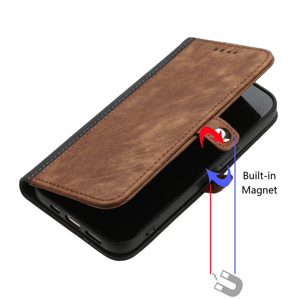 ELECTROPRIME For iPhone 15 Plus Side Buckle Double Fold Hand Strap Leather Phone Case(Brown)