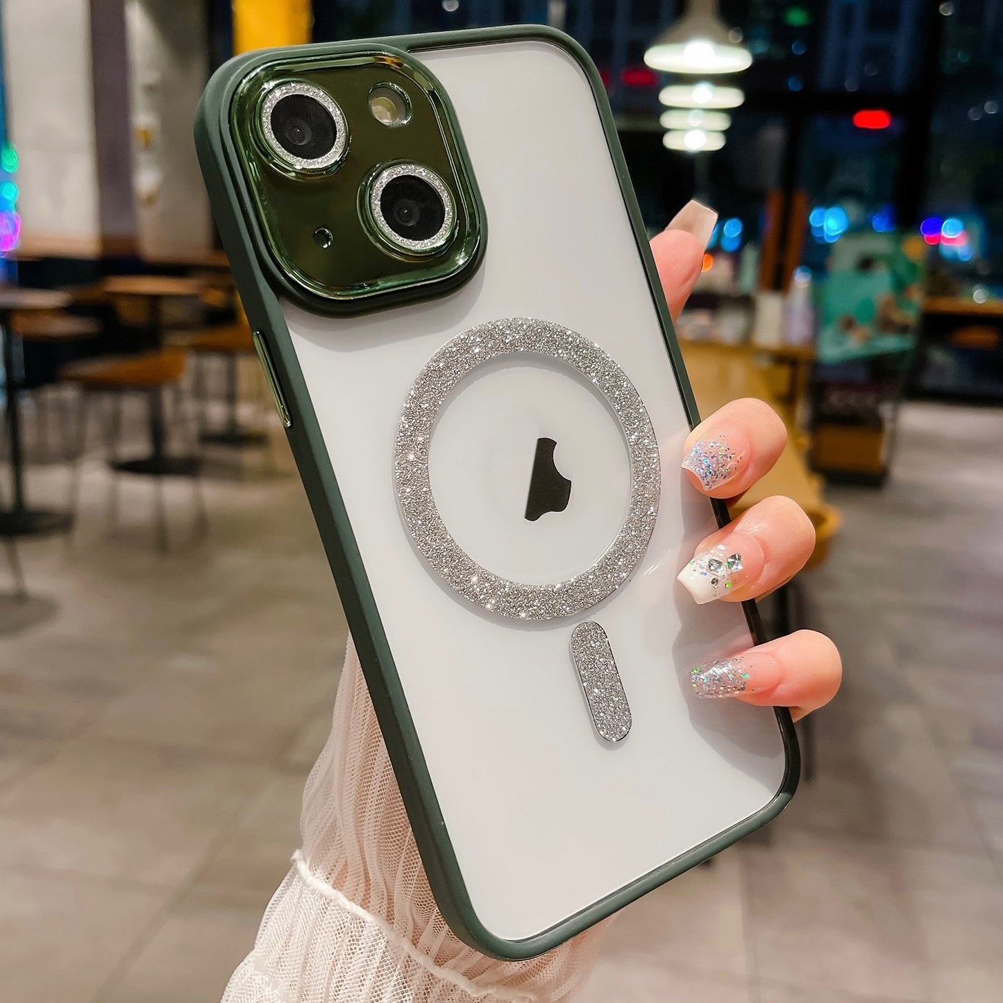 ELECTROPRIME For iPhone 15 MagSafe Gradient Color Glitter TPU + Acrylic Phone Case with Lens Film(Green)