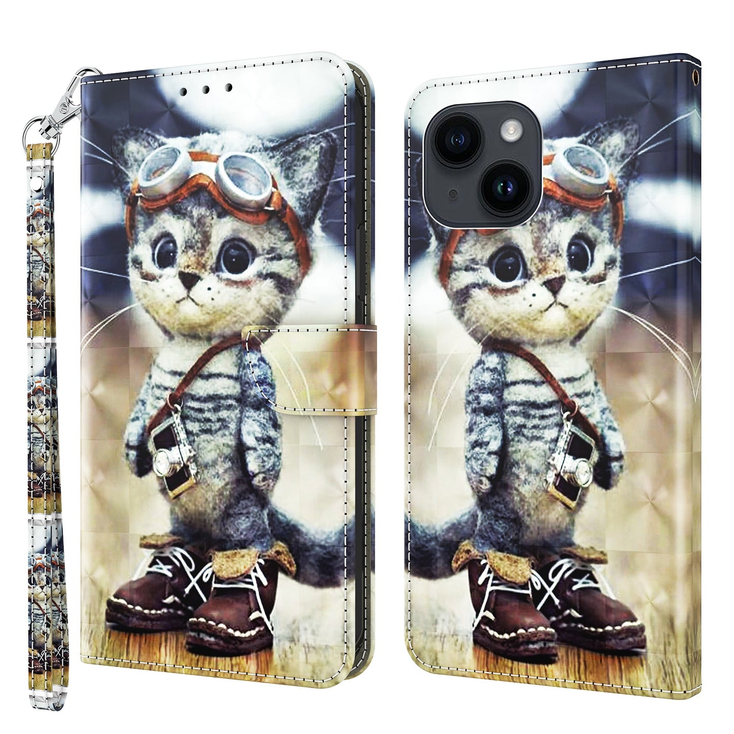 ELECTROPRIME For iPhone 15 3D Painted Leather Phone Case(Naughty Cat)