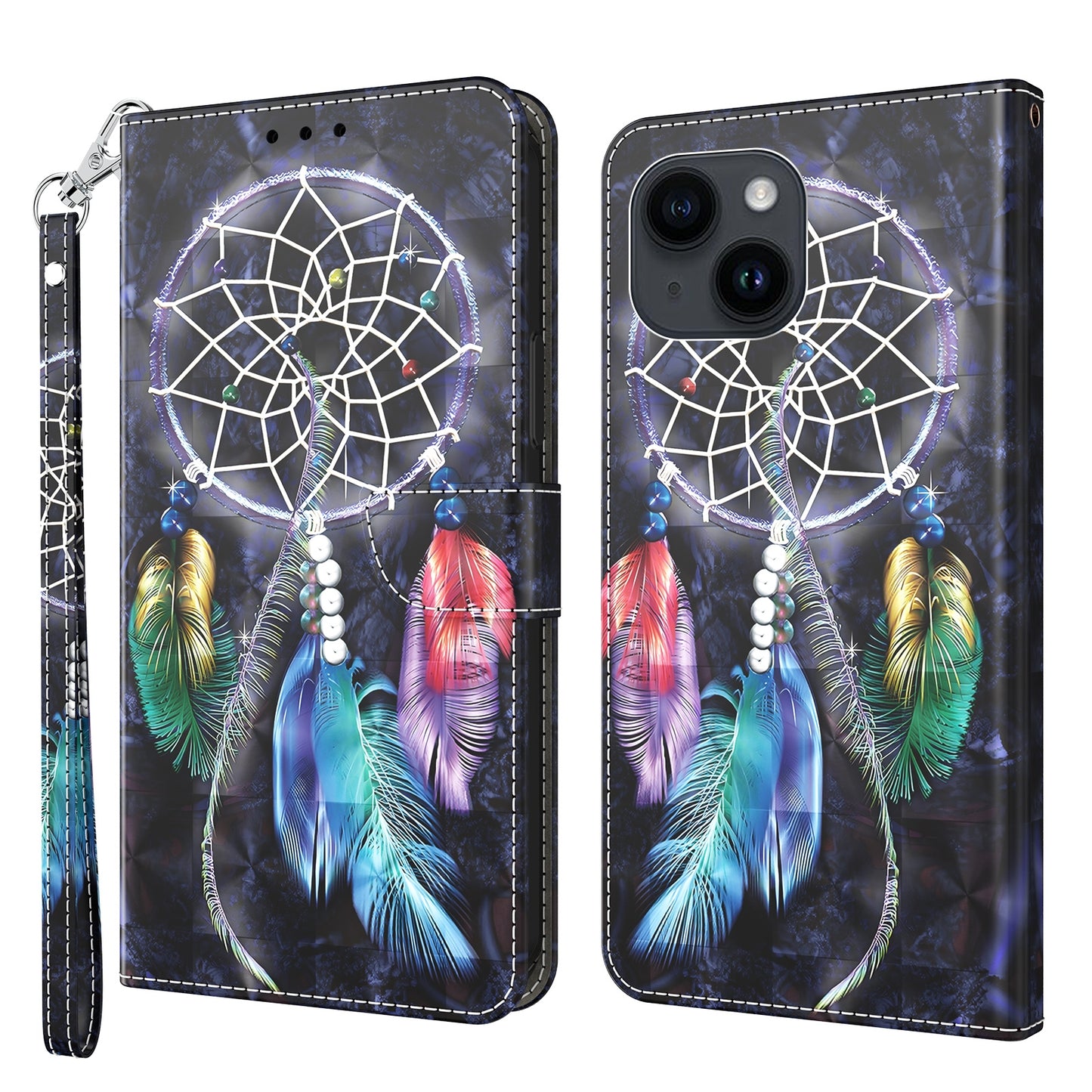 ELECTROPRIME For iPhone 15 3D Painted Leather Phone Case(Colorful Dreamcatcher)