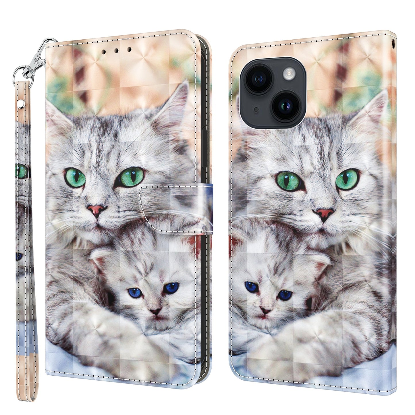 ELECTROPRIME For iPhone 15 3D Painted Leather Phone Case(Two Loving Cats)