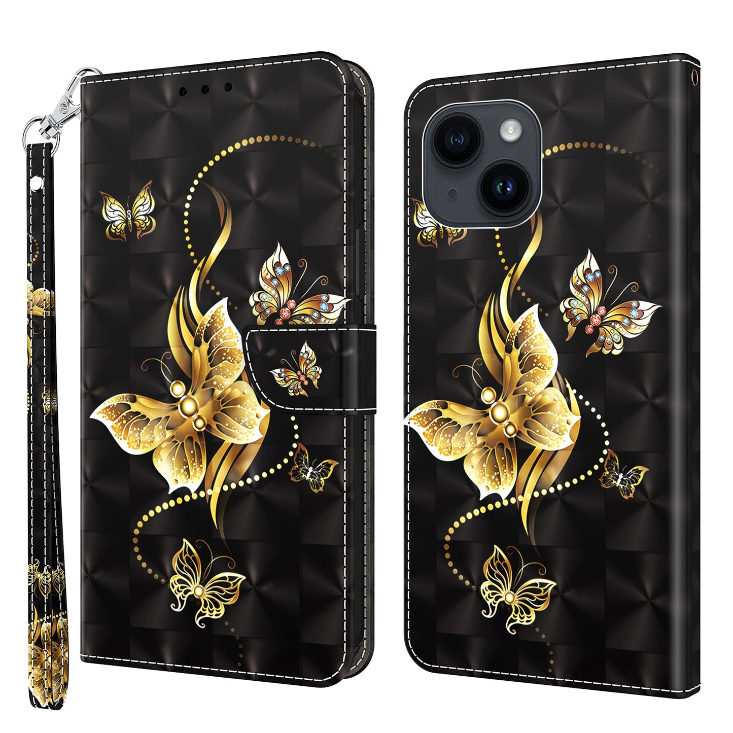 ELECTROPRIME For iPhone 15 3D Painted Leather Phone Case(Golden Swallow Butterfly)