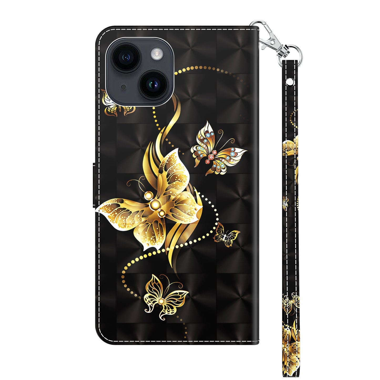 ELECTROPRIME For iPhone 15 3D Painted Leather Phone Case(Golden Swallow Butterfly)
