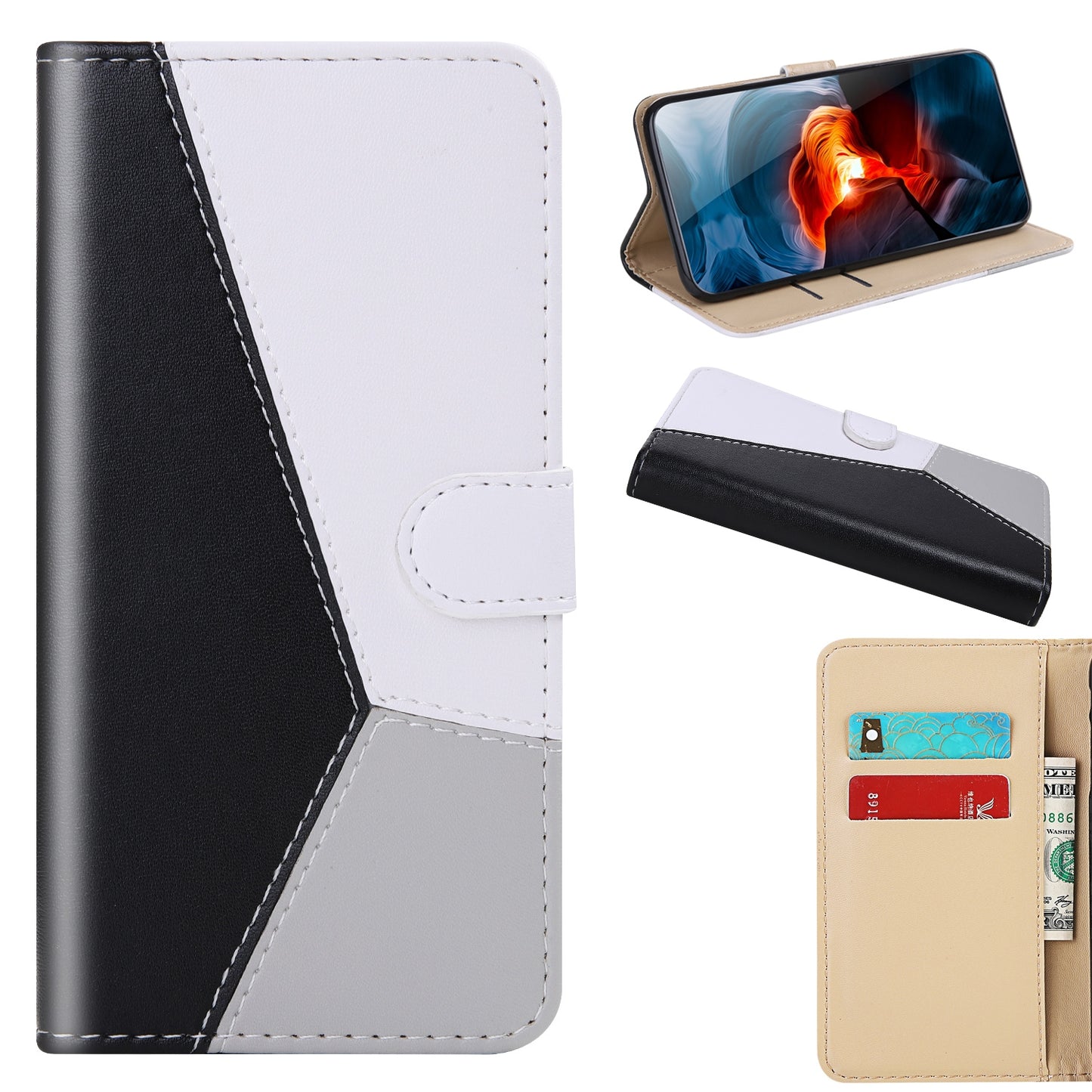 ELECTROPRIME For iPhone 15 Tricolor Stitching Horizontal Flip Leather Phone Case(Black)