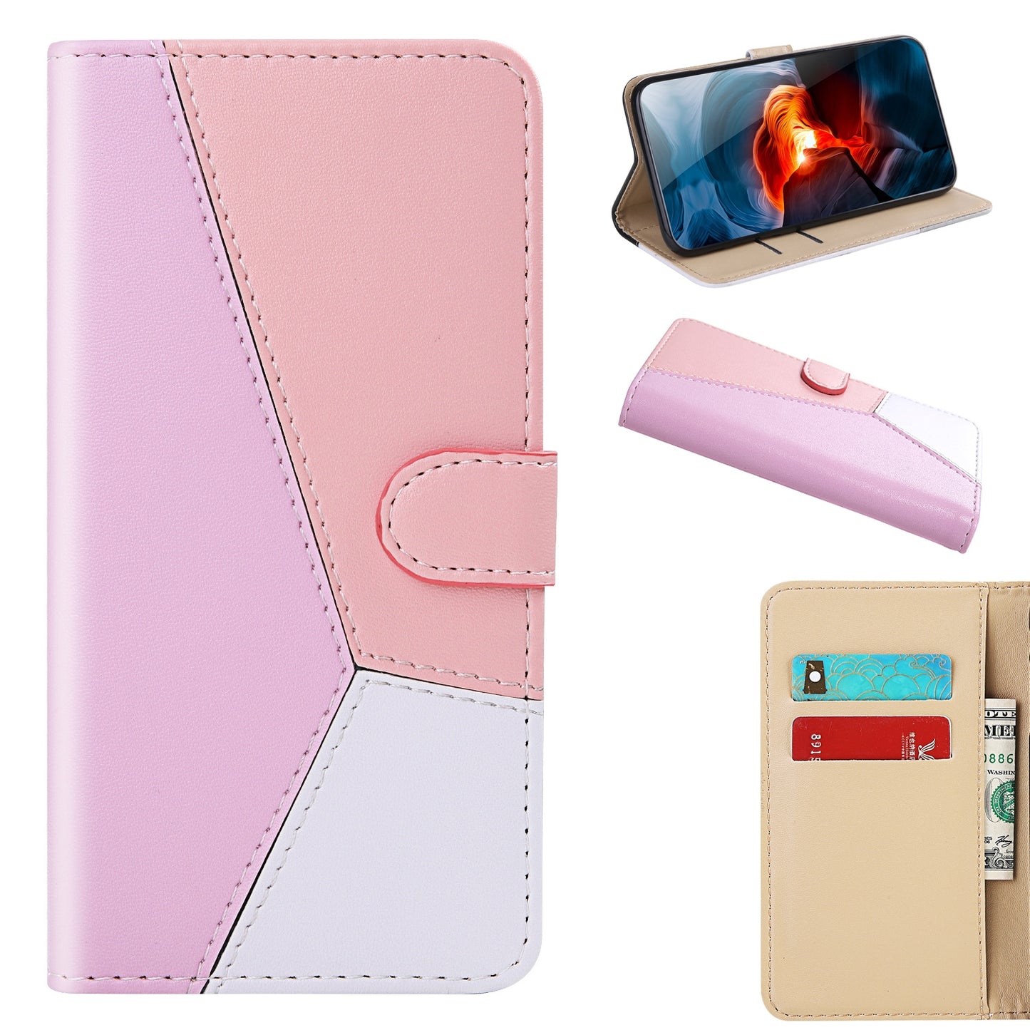 ELECTROPRIME For iPhone 15 Tricolor Stitching Horizontal Flip Leather Phone Case(Pink)