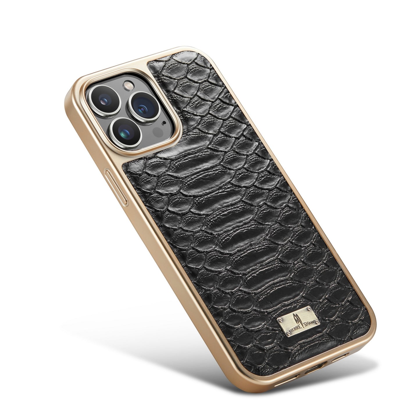 ELECTROPRIME For iPhone 15 Fierre Shann Python Texture Electroplating PU Phone Case(Black)