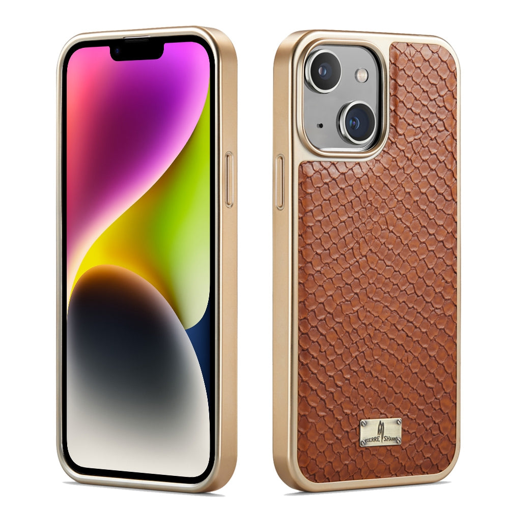 ELECTROPRIME For iPhone 15 Fierre Shann Snake Texture Electroplating PU Phone Case(Brown)