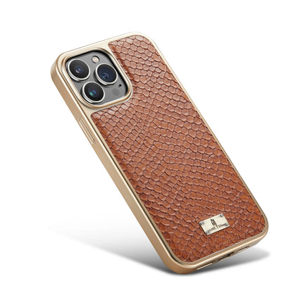 ELECTROPRIME For iPhone 15 Fierre Shann Snake Texture Electroplating PU Phone Case(Brown)