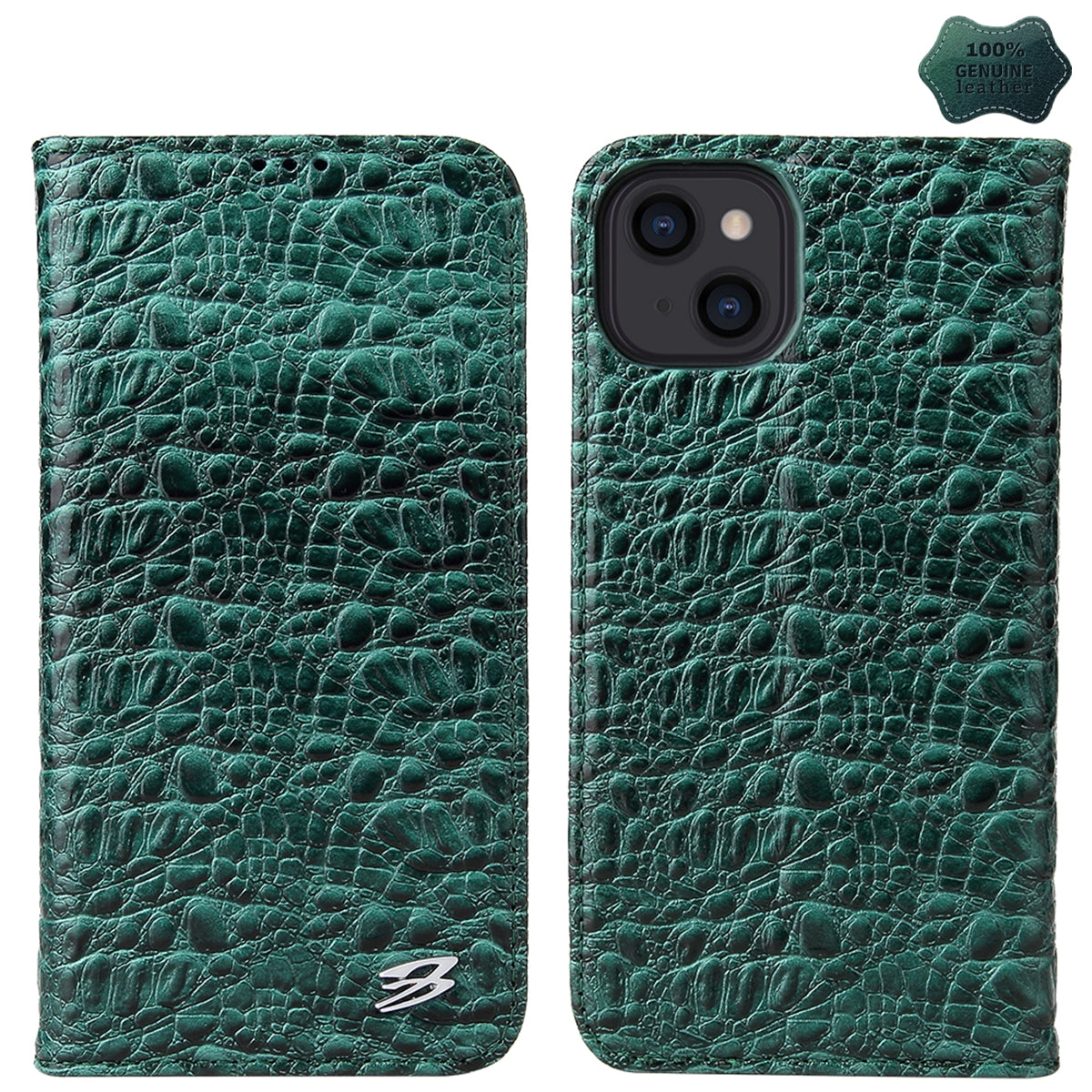 ELECTROPRIME For iPhone 15 Fierre Shann Crocodile Texture Magnetic Genuine Leather Phone Case(Green)