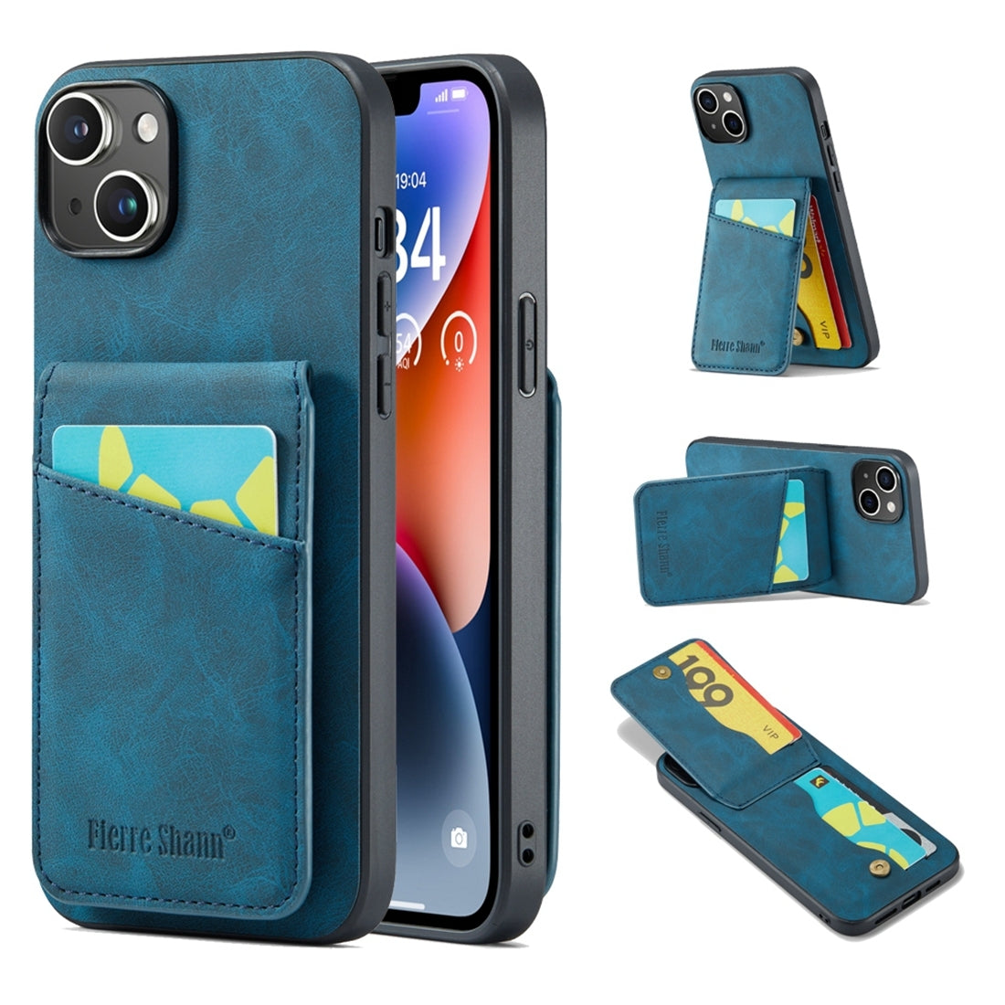 ELECTROPRIME For iPhone 15 Plus Fierre Shann Crazy Horse Card Holder Back Cover PU Phone Case(Blue)