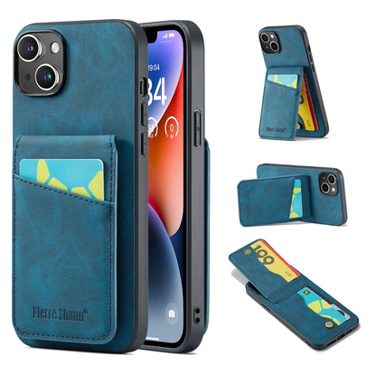 ELECTROPRIME For iPhone 15 Plus Fierre Shann Crazy Horse Card Holder Back Cover PU Phone Case(Blue)