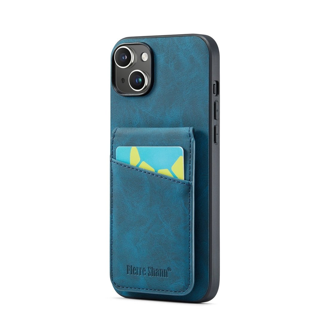 ELECTROPRIME For iPhone 15 Plus Fierre Shann Crazy Horse Card Holder Back Cover PU Phone Case(Blue)