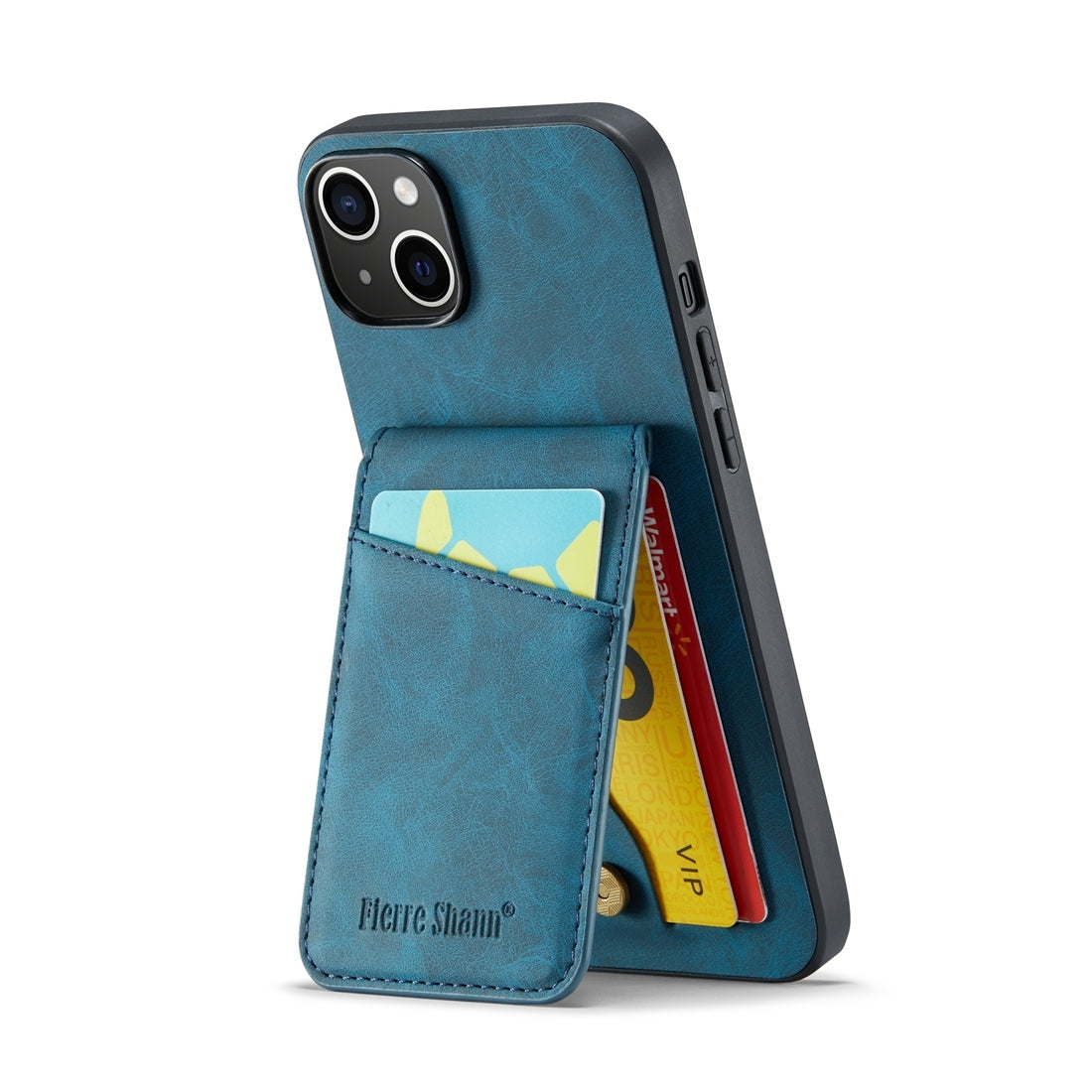 ELECTROPRIME For iPhone 15 Plus Fierre Shann Crazy Horse Card Holder Back Cover PU Phone Case(Blue)