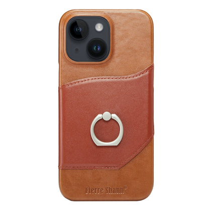 ELECTROPRIME For iPhone 15 Fierre Shann Oil Wax Texture Genuine Leather Back Cover Phone Case(Brown)