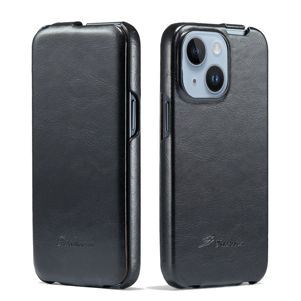 ELECTROPRIME For iPhone 15 Plus Fierre Shann Oil Wax Texture Vertical Flip PU Phone Case(Black)