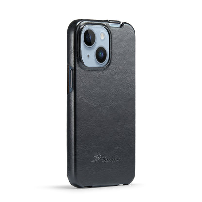 ELECTROPRIME For iPhone 15 Plus Fierre Shann Oil Wax Texture Vertical Flip PU Phone Case(Black)