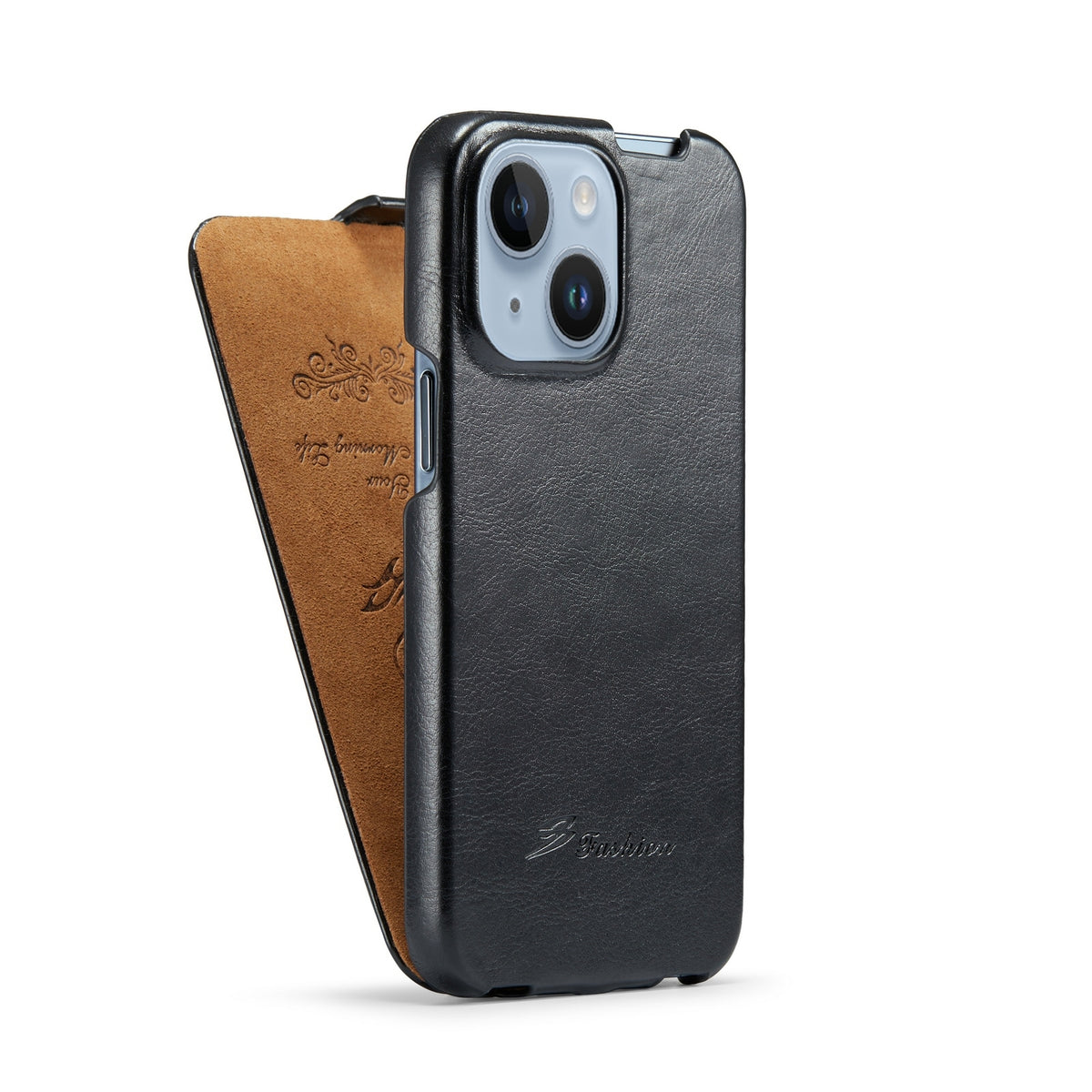 ELECTROPRIME For iPhone 15 Plus Fierre Shann Oil Wax Texture Vertical Flip PU Phone Case(Black)