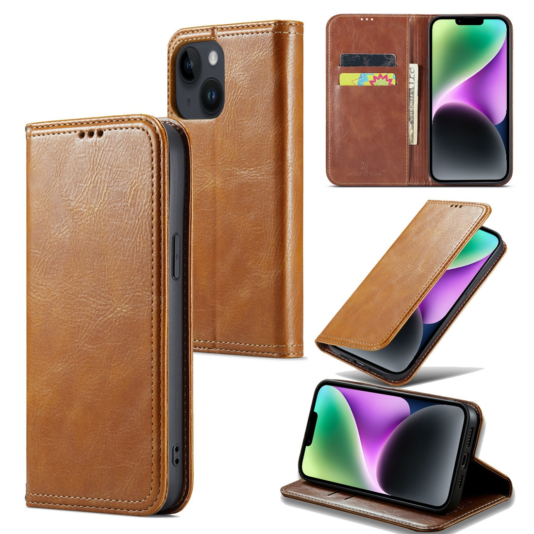 ELECTROPRIME For iPhone 15 Plus Fierre Shann Vintage Bark Texture Wallet Leather Phone Case(Khaki)
