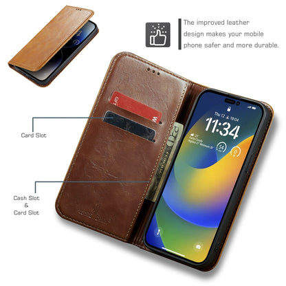 ELECTROPRIME For iPhone 15 Plus Fierre Shann Vintage Bark Texture Wallet Leather Phone Case(Khaki)