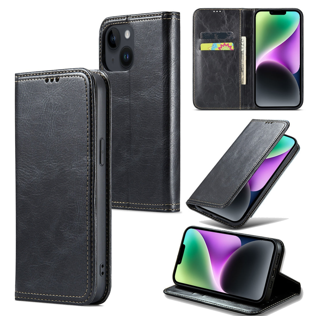 ELECTROPRIME For iPhone 15 Fierre Shann Vintage Bark Texture Wallet Leather Phone Case(Black)