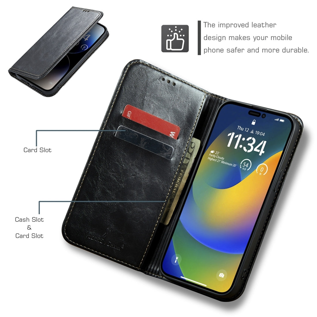 ELECTROPRIME For iPhone 15 Fierre Shann Vintage Bark Texture Wallet Leather Phone Case(Black)
