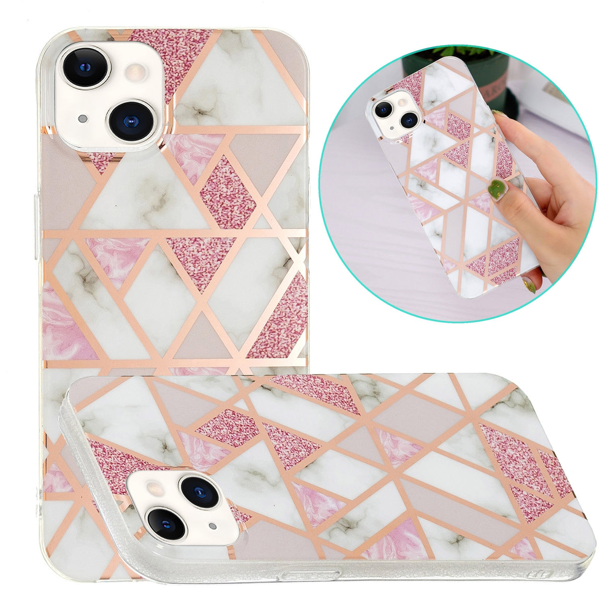 ELECTROPRIME Electroplating Soft TPU Phone Case For iPhone 15(Pink White Rhombus)