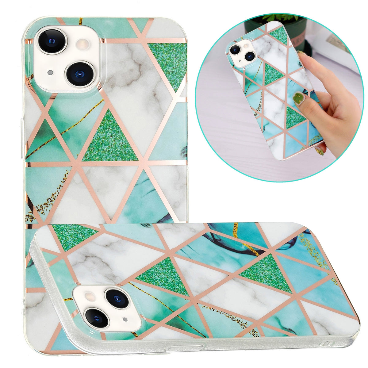 ELECTROPRIME Electroplating Soft TPU Phone Case For iPhone 15(Green White Rhombus)